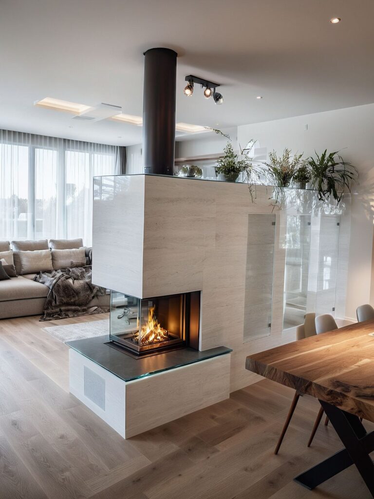 Panoramski moderni kamin – staklo s tri strane pruža pogled na vatru iz svakog kuta prostora.